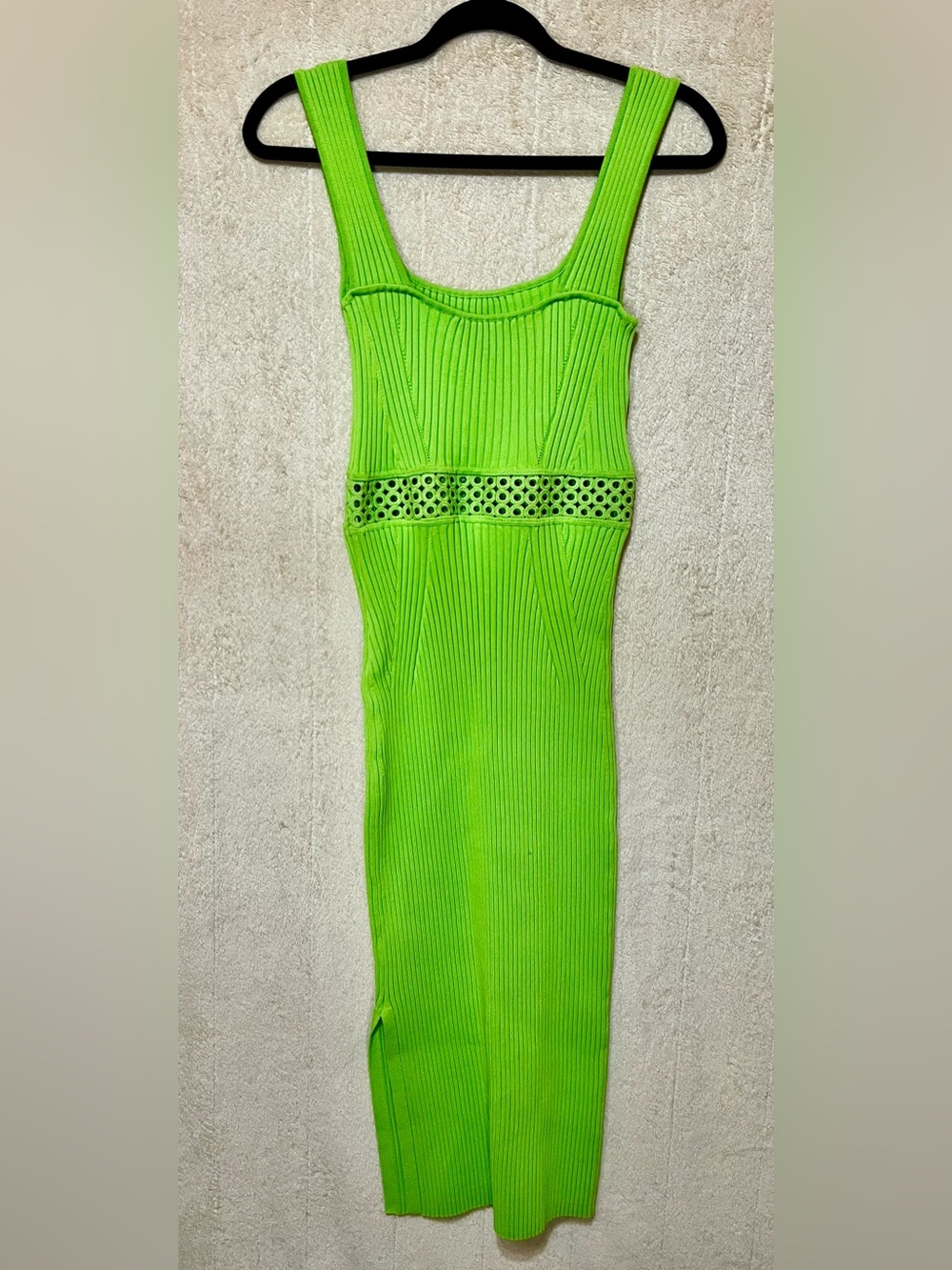 House of Harlow 1960 Neon Lime Rib Knit Midi Dress S Side Slit Bodycon